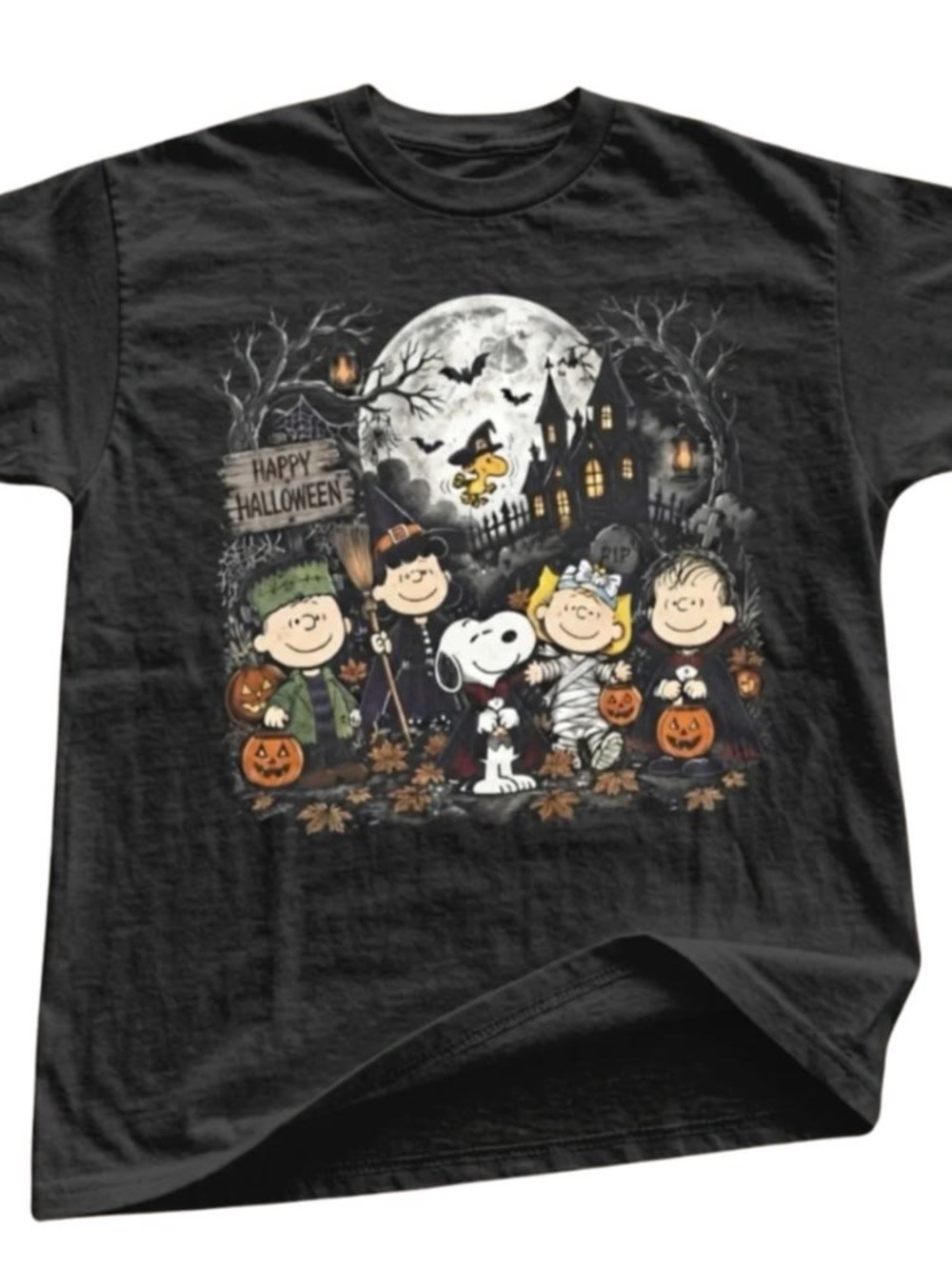 Black Peanuts Halloween Character Short Sleeve Tee